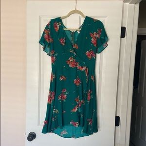 Green floral faux wrap dress with ruffles